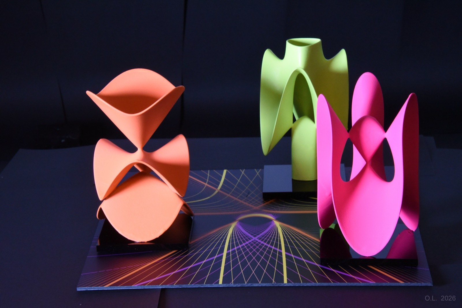 3D-printed algebraic surface sculptures in neon colors