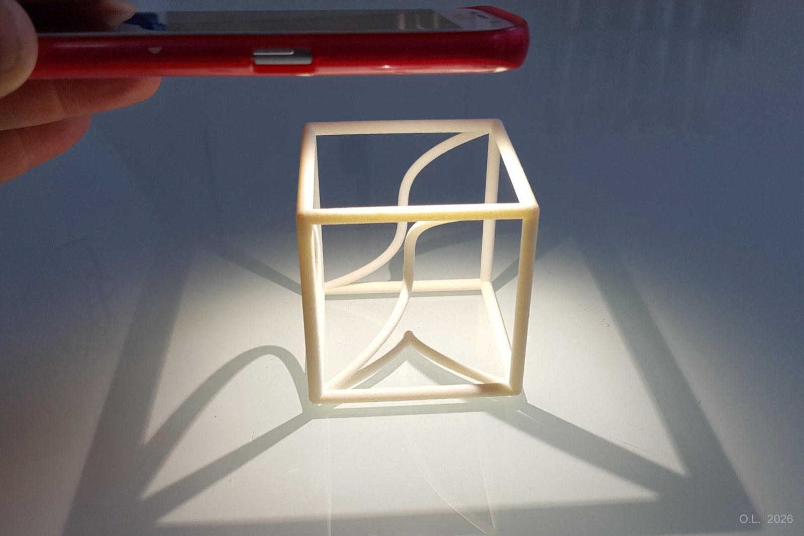 A space curve inside a cube casting its projection